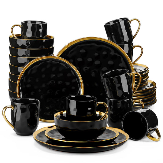 LOVECASA 16/32 Piece Black Porcelain Dinnerware Set with Gold Trim Dessert Plate image 0