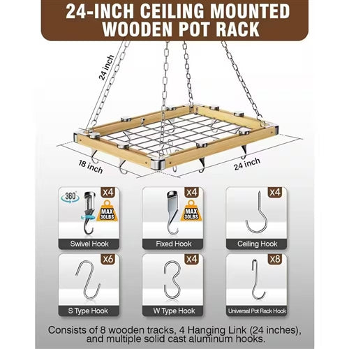 Rectangular 23.5-inch Metal Wood Ceiling Mounted Kitchen Pot Rack image 4