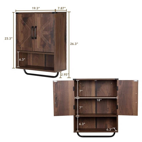 Farmhouse Bathroom Wall Cabinet with Towel Bar in 3 Colors Brown Wood Finish image 8