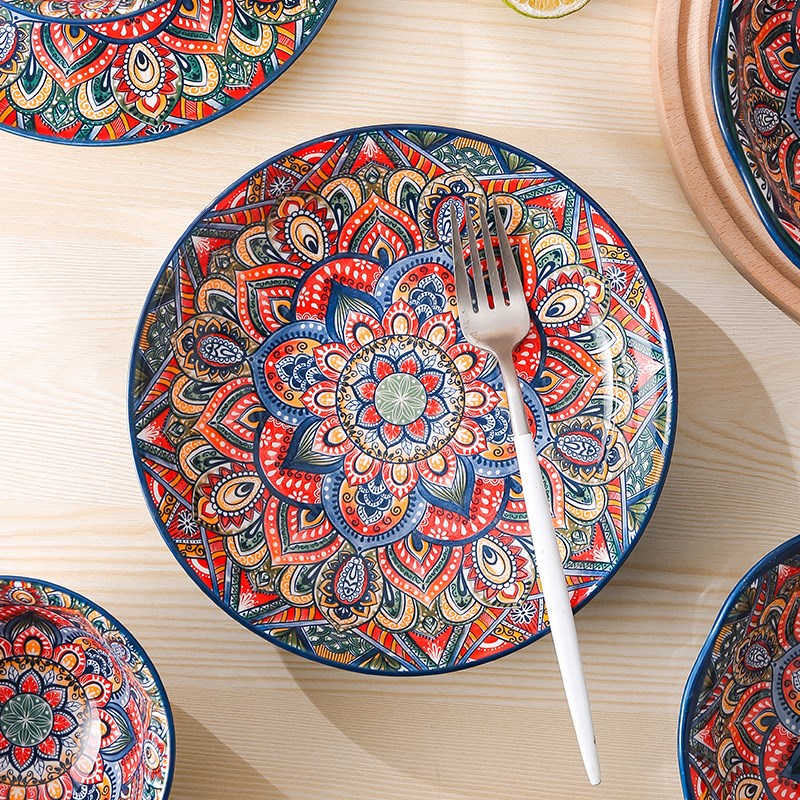 New Bohemian Style Ceramic Household Dishes with Handles Bowls Dishes and Househ image 2
