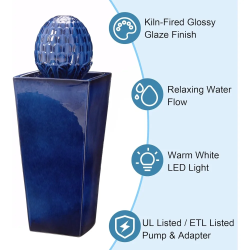 Ceramic Outdoor Water Fountain with LED Light, Oversized Artichoke Pedestal Wate image 1