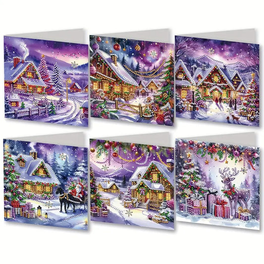 6 Winter Christmas Greeting Card Diamond Jewel Art COMPLETED & SEALED image 0