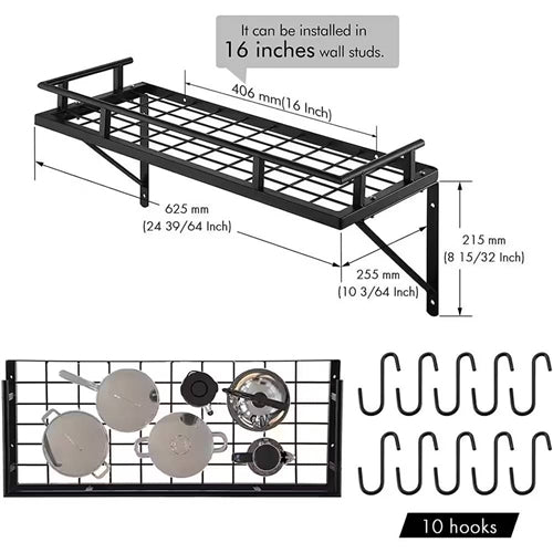 Matte Black Stainless Steel Wall Mounted Pot Rack with 10 Hanging Hooks image 4
