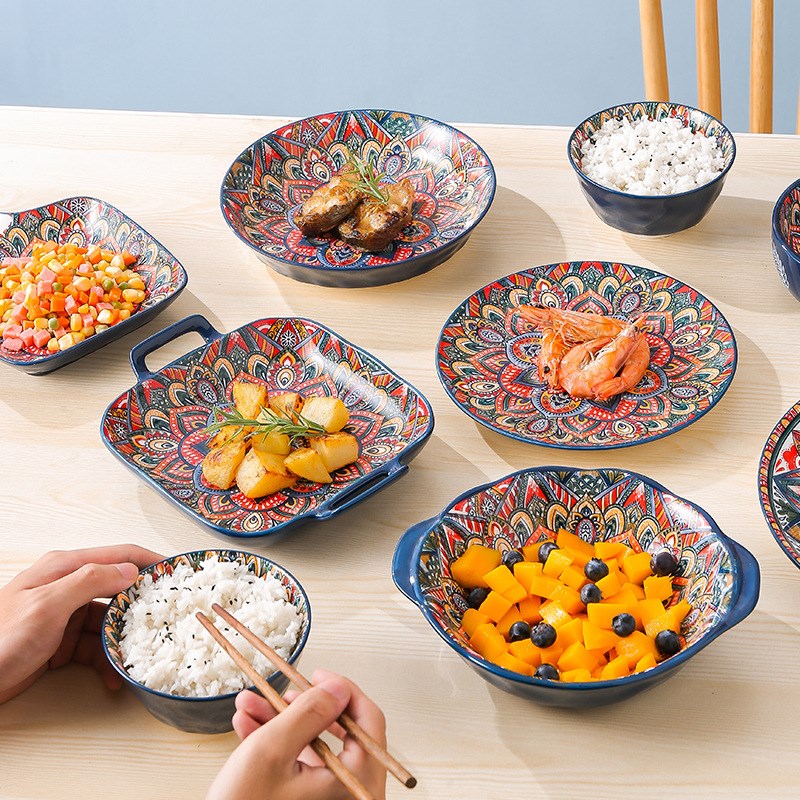 New Bohemian Style Ceramic Household Dishes with Handles Bowls Dishes and Househ image 3
