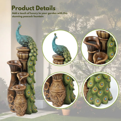 LuxenHome Outdoor Water Fountain, 44 Inch Resin Peacock Water Fountain Outdoor with Urns and LED Light, Tall Fountains Outdoor f