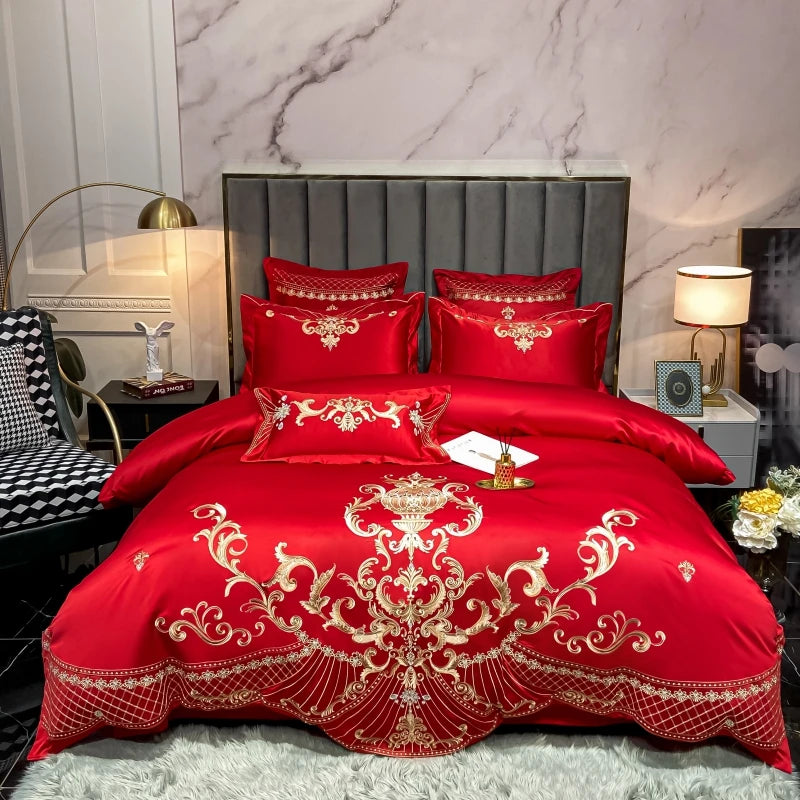 Luxury Royal Gold Embroidery Washed Satin Cotton Pearl White Bedding Set Duvet Cover Flat/Fitted Sheet Pillowcases Home Textiles