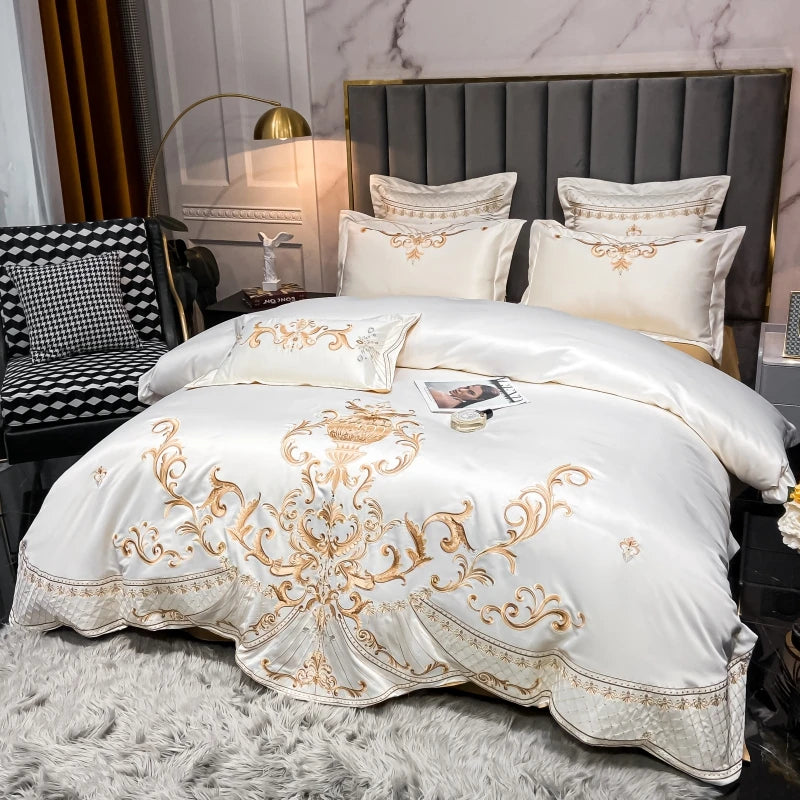Luxury Royal Gold Embroidery Washed Satin Cotton Pearl White Bedding Set Duvet Cover Flat/Fitted Sheet Pillowcases Home Textiles
