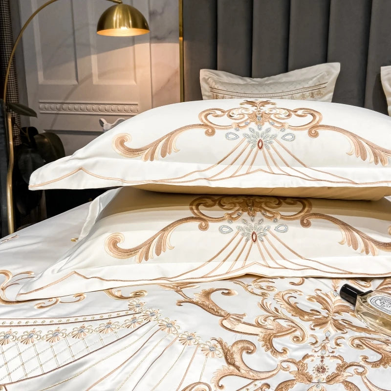 Luxury Royal Gold Embroidery Washed Satin Cotton Pearl White Bedding Set Duvet Cover Flat/Fitted Sheet Pillowcases Home Textiles