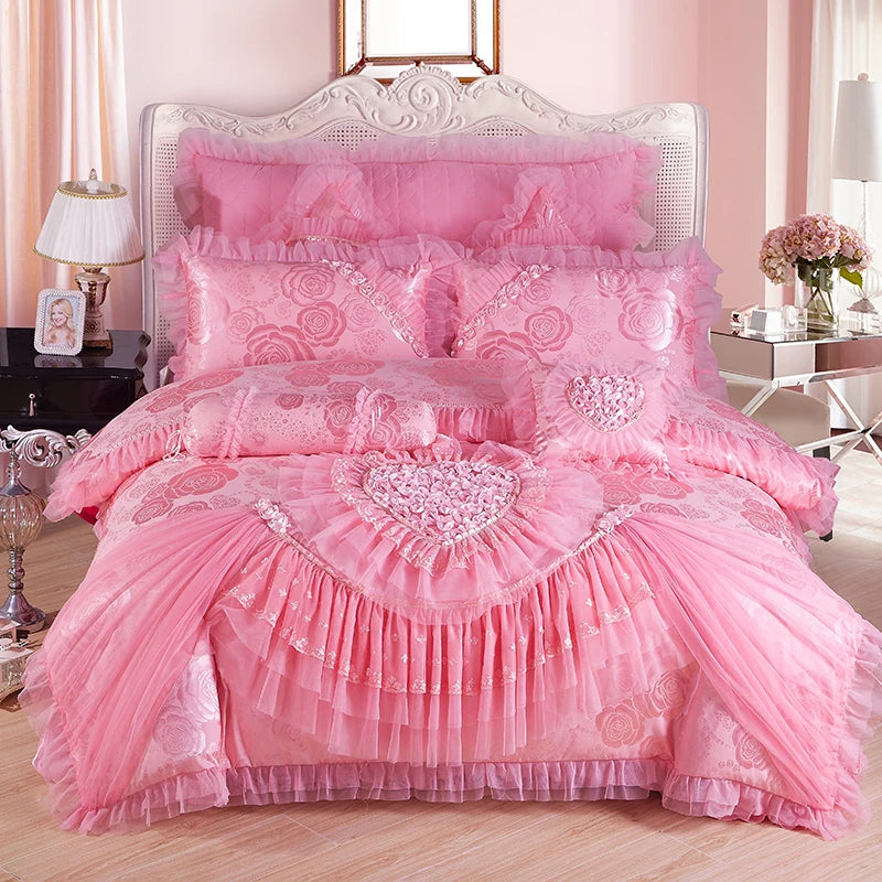 Luxury Princess Wedding Bedding Set King Queen Size Pink Red Lace Jacquard Satin Duvet Cover Bedspread Bed Sheet Pillowcases
