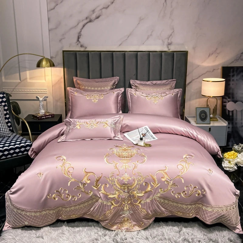 Luxury Royal Gold Embroidery Washed Satin Cotton Pearl White Bedding Set Duvet Cover Flat/Fitted Sheet Pillowcases Home Textiles