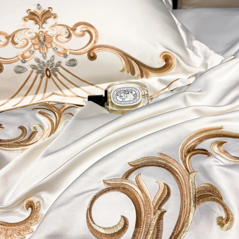Luxury Royal Gold Embroidery Washed Satin Cotton Pearl White Bedding Set Duvet Cover Flat/Fitted Sheet Pillowcases Home Textiles