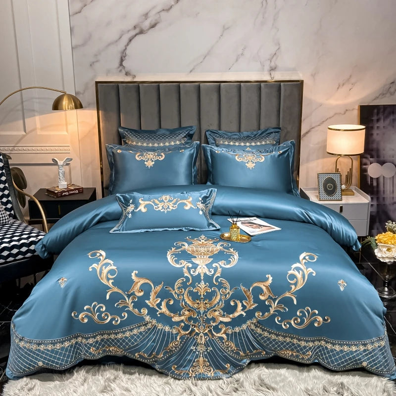 Luxury Royal Gold Embroidery Washed Satin Cotton Pearl White Bedding Set Duvet Cover Flat/Fitted Sheet Pillowcases Home Textiles