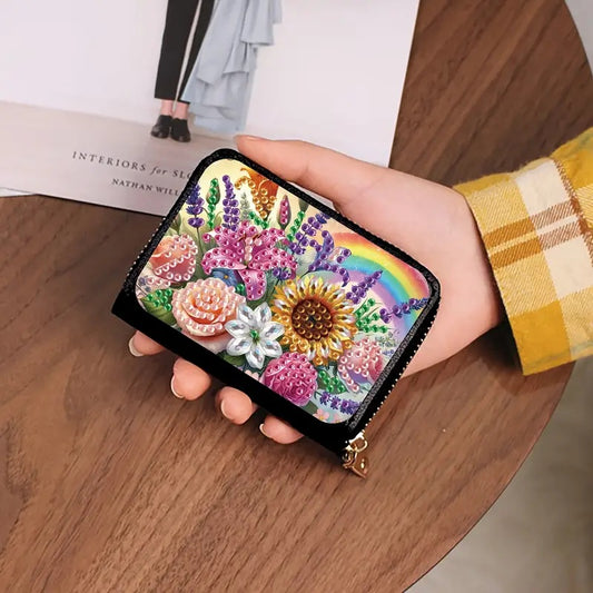 Sunflower Flower Rainbow Minimalist Credit Card Organizer Purse Diamond Jewel Ar