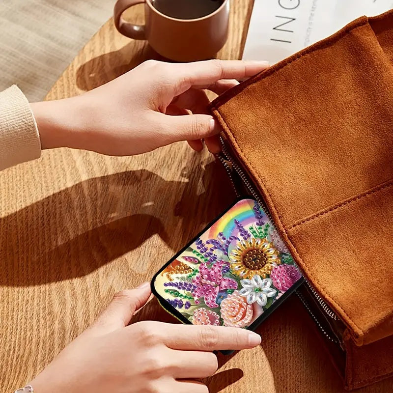 Sunflower Flower Rainbow Minimalist Credit Card Organizer Purse Diamond Jewel Ar
