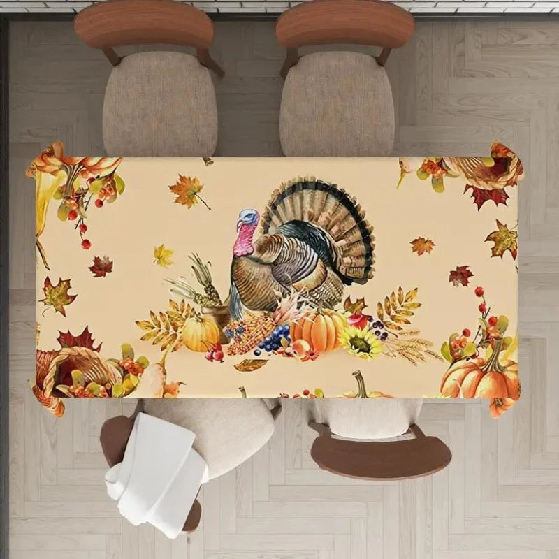 Thanksgiving Turkey Rectangle Tablecloths Autumn Pumpkin Flowers Maple Leaf Table Cover Kitchen Holiday Party Dining Table Decor