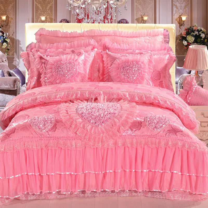 Luxury Princess Wedding Bedding Set King Queen Size Pink Red Lace Jacquard Satin Duvet Cover Bedspread Bed Sheet Pillowcases