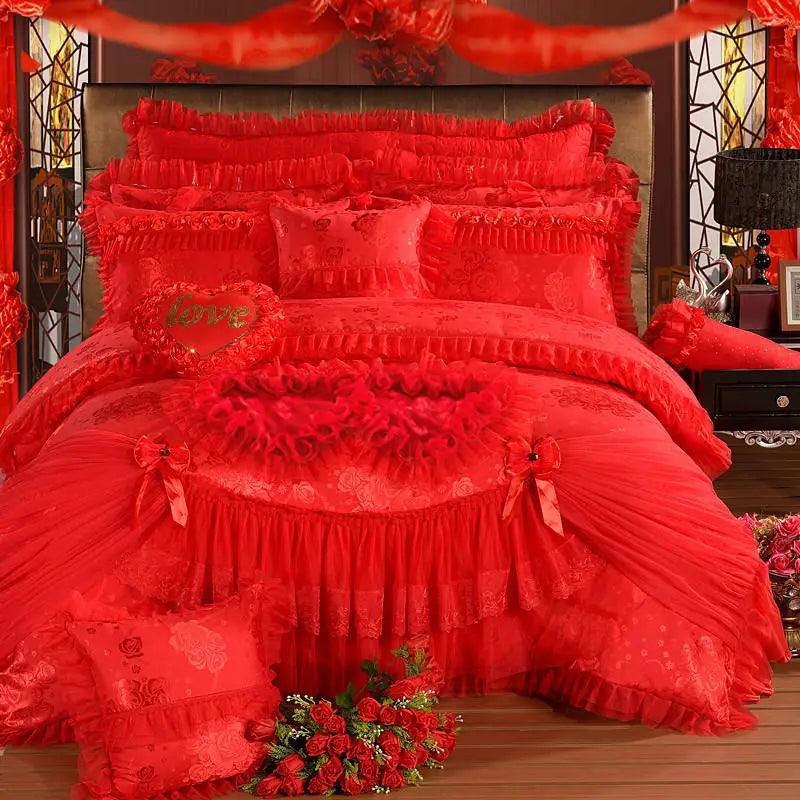 Luxury Princess Wedding Bedding Set King Queen Size Pink Red Lace Jacquard Satin Duvet Cover Bedspread Bed Sheet Pillowcases