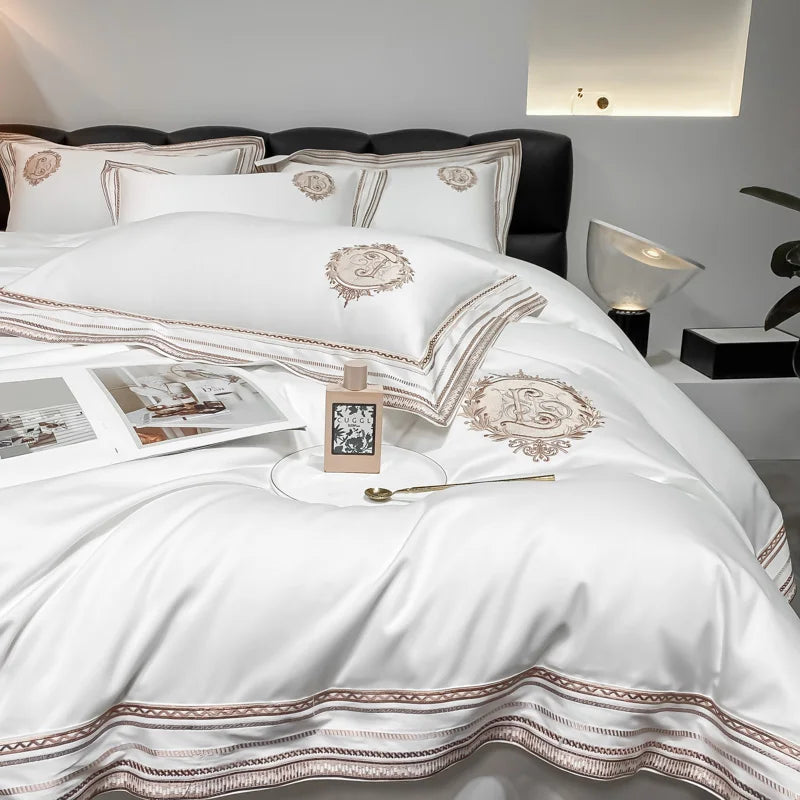Luxury Embroidery Bedding Sets 1000TC Egyptian Cotton Champagne White Red Duvet Cover Bed Sheet/Fitted Sheet Pillowcases 4Pcs