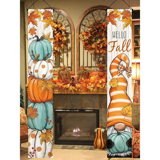 1set Thanksgiving Decoration Autumn Welcome Porch Flag Polyester Vintage Pumpkin Scarecrow Pattern Decor Front Door Hanging Flag