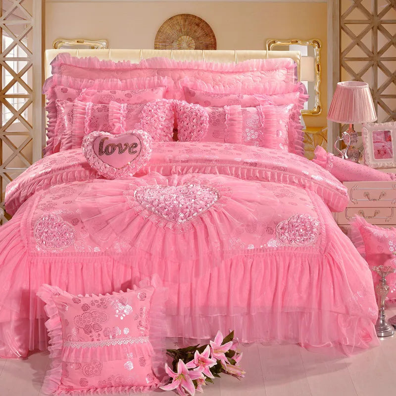 Luxury Princess Wedding Bedding Set King Queen Size Pink Red Lace Jacquard Satin Duvet Cover Bedspread Bed Sheet Pillowcases