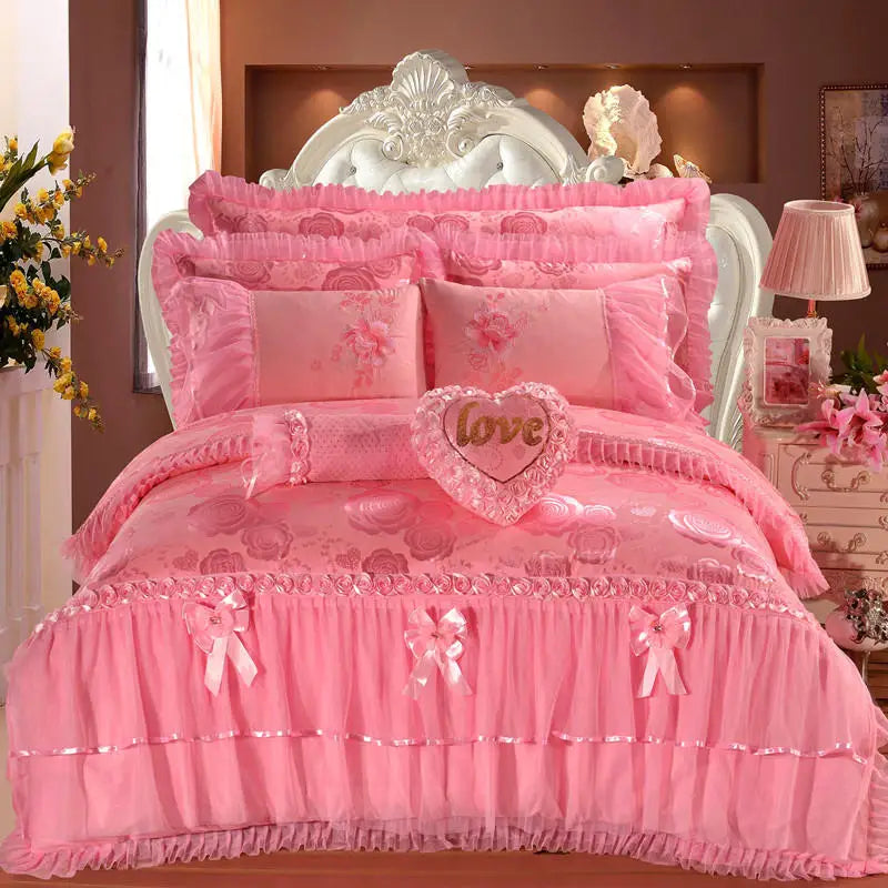 Luxury Princess Wedding Bedding Set King Queen Size Pink Red Lace Jacquard Satin Duvet Cover Bedspread Bed Sheet Pillowcases