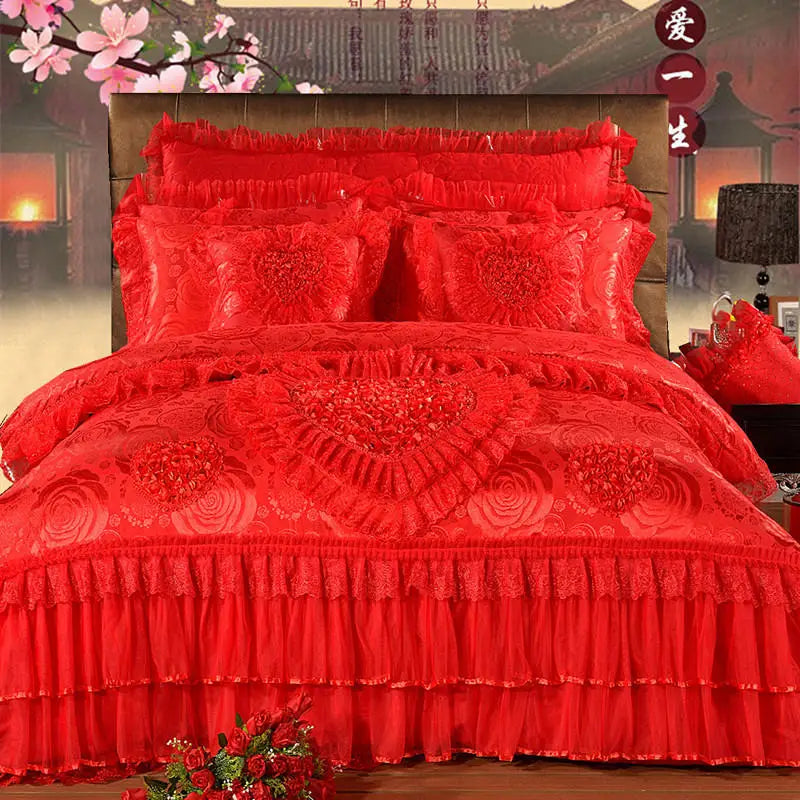 Luxury Princess Wedding Bedding Set King Queen Size Pink Red Lace Jacquard Satin Duvet Cover Bedspread Bed Sheet Pillowcases