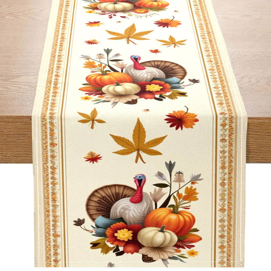 1 Piece Thanksgiving-Themed Table Runner, Decorated with Turkey, Pumpkin, and Autumn Leaves, Suitable for Thanksgiving Family Gatherings and Holiday Decorations
