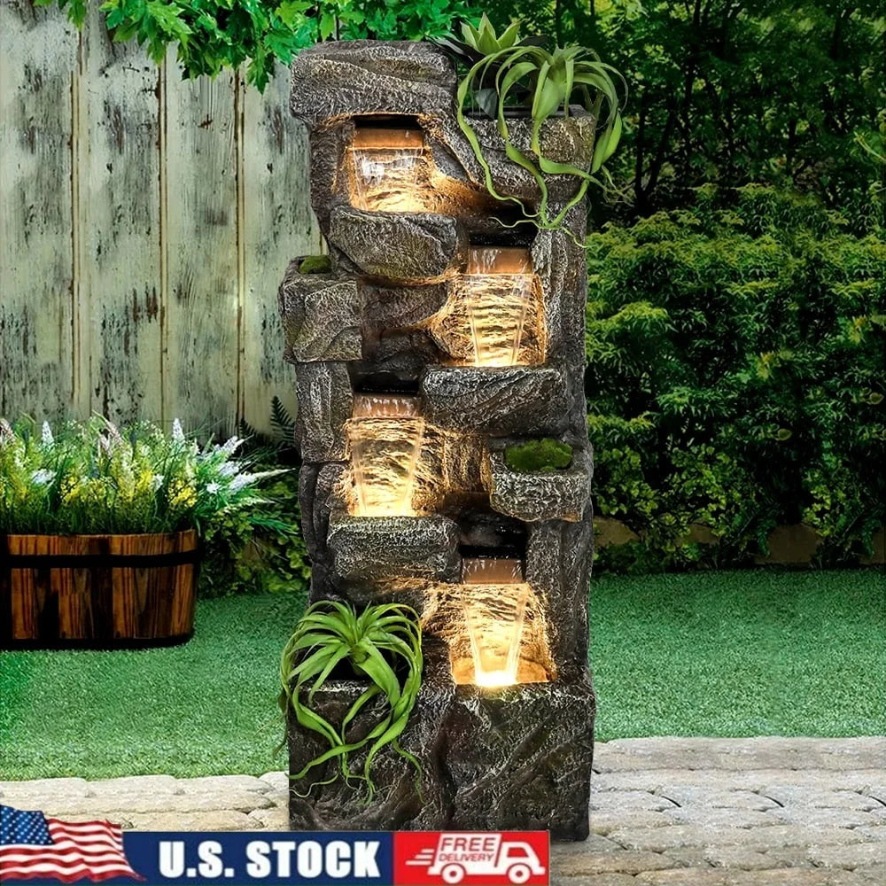 Outdoor Garden Water Fountain 55.5 Inch 4 Tiers Cascading Decor Water Feature with Submersible Pump Relaxation