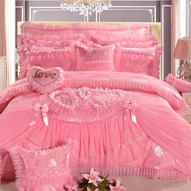 Luxury Princess Wedding Bedding Set King Queen Size Pink Red Lace Jacquard Satin Duvet Cover Bedspread Bed Sheet Pillowcases