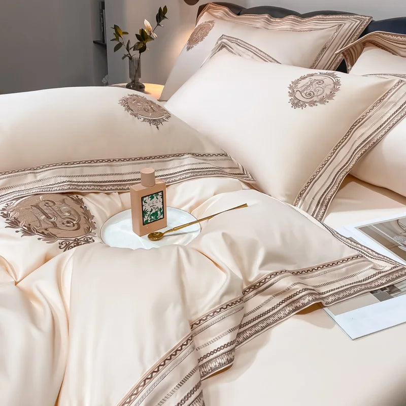 Luxury Embroidery Bedding Sets 1000TC Egyptian Cotton Champagne White Red Duvet Cover Bed Sheet/Fitted Sheet Pillowcases 4Pcs