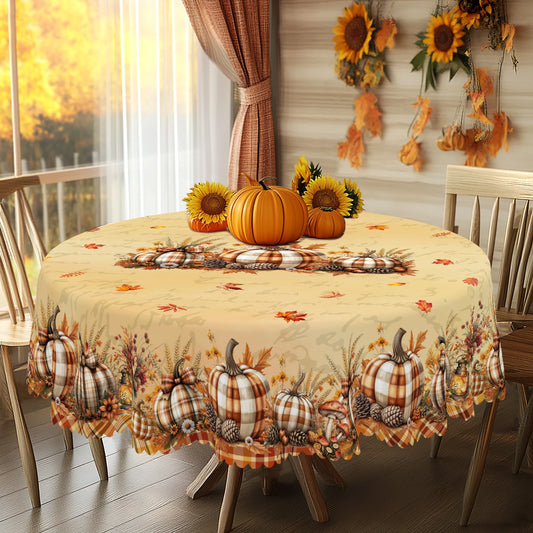 1 Piece Thanksgiving Round and Rectangular Tablecloth, Various Sizes, Autum Pumpkin Wheat Ear Orange Plaid Tablecloth, Table Cover for Home Kitchen, Terrace, Gift