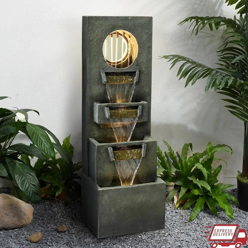 Modern Outdoor Waterfall Fountain 39.3 Inch Indoor Relaxing Floor Fountain 4-Tier Water Feature with LED Light Pump Garden Patio