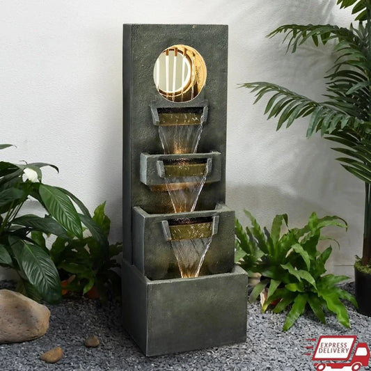 Modern Outdoor Waterfall Fountain 39.3 Inch Indoor Relaxing Floor Fountain 4-Tier Water Feature with LED Light Pump Garden Patio