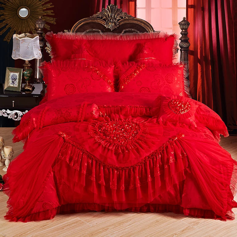 Luxury Princess Wedding Bedding Set King Queen Size Pink Red Lace Jacquard Satin Duvet Cover Bedspread Bed Sheet Pillowcases