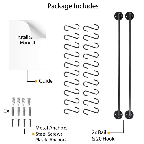 Set of 2 - Black Metal Wall Mounted Pot Rack with 20 Hanging Hooks image 4