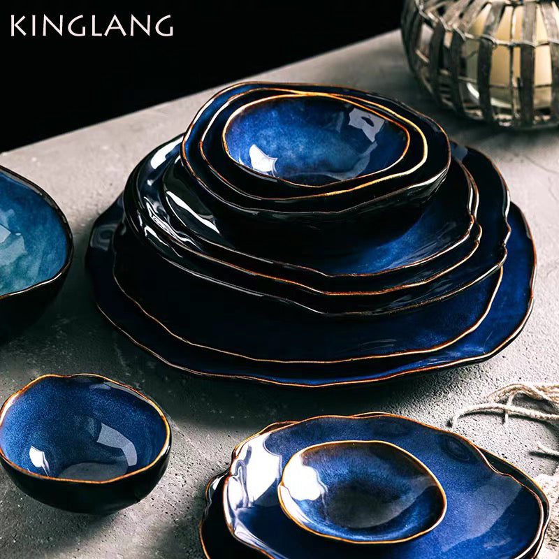 KINGLANG 1/2/4 Person Tableware Set Blue Color Ceramics Irregular Shape Dinner S image 0