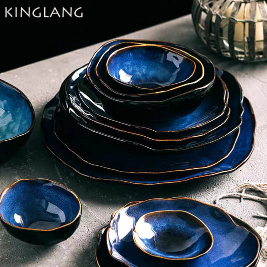 KINGLANG 1/2/4 Person Tableware Set Blue Color Ceramics Irregular Shape Dinner S image 0
