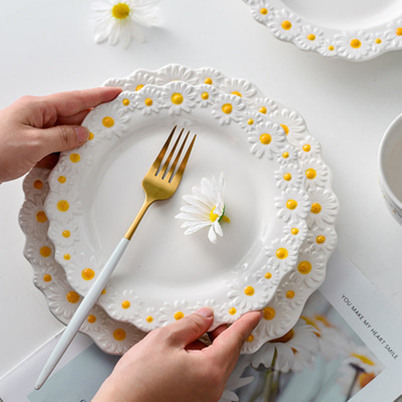 Ceramic Daisy Embossed Creative Dishes, Household Vegetable Rice Soup Bowl Dinne image 1