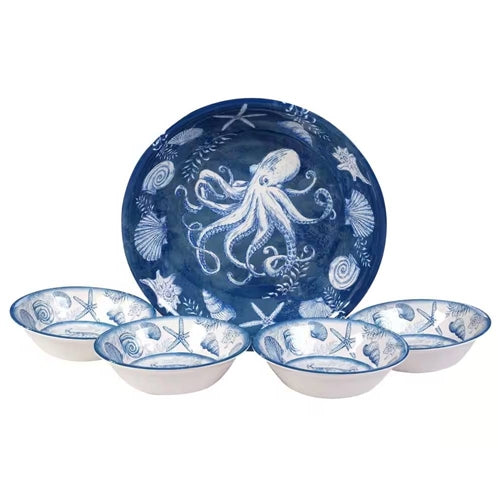 5-Piece Starfish Sea Shells Octopus Beach Dinner Bowl Set in Blue and White image 0