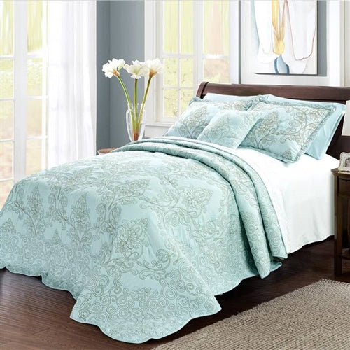 Queen size Light Blue Damask Embroidered 4 Piece Oversized Bedspread Set image 0