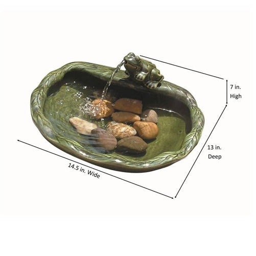 Green Glazed Ceramic Fountain Bird Bath with Frog and Solar Pump image 2