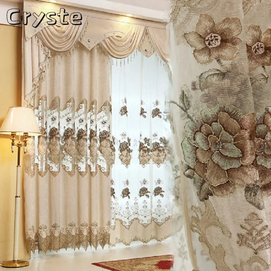 Luxury Embroidered Curtains for Living Dining Room Bedroom European Style Beige  image 0