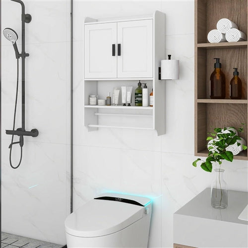 White Bathroom Wall Cabinet with Towel Bar and Storage Shelf image 1