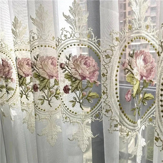 American Luxury Peony Embroidery Tulle Curtain For Living Room European Elegant  image 0