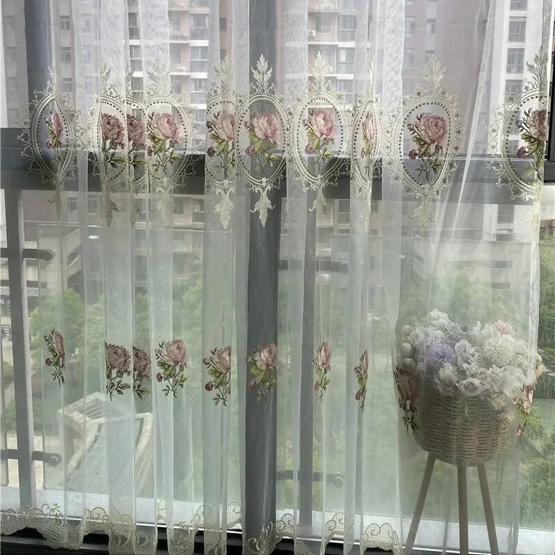 American Luxury Peony Embroidery Tulle Curtain For Living Room European Elegant  image 1