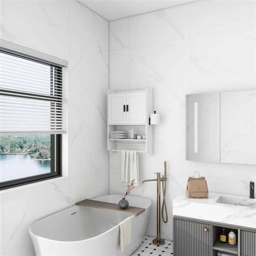 White Bathroom Wall Cabinet with Towel Bar and Storage Shelf image 2