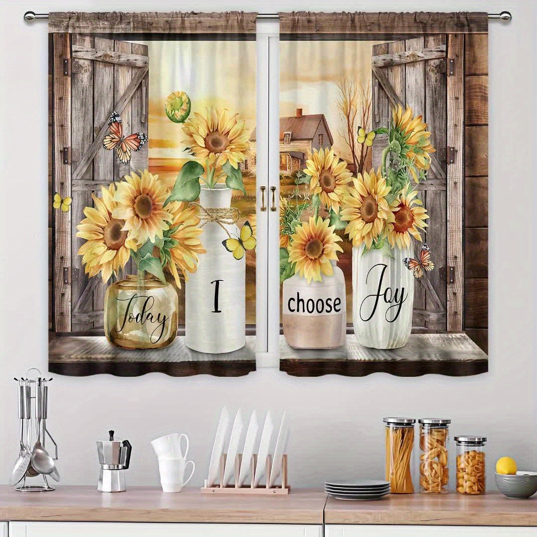 Vintage Farmhouse Curtain 2pcs Polyester Country Sunflower Kitchen Curtain - 27. image 6