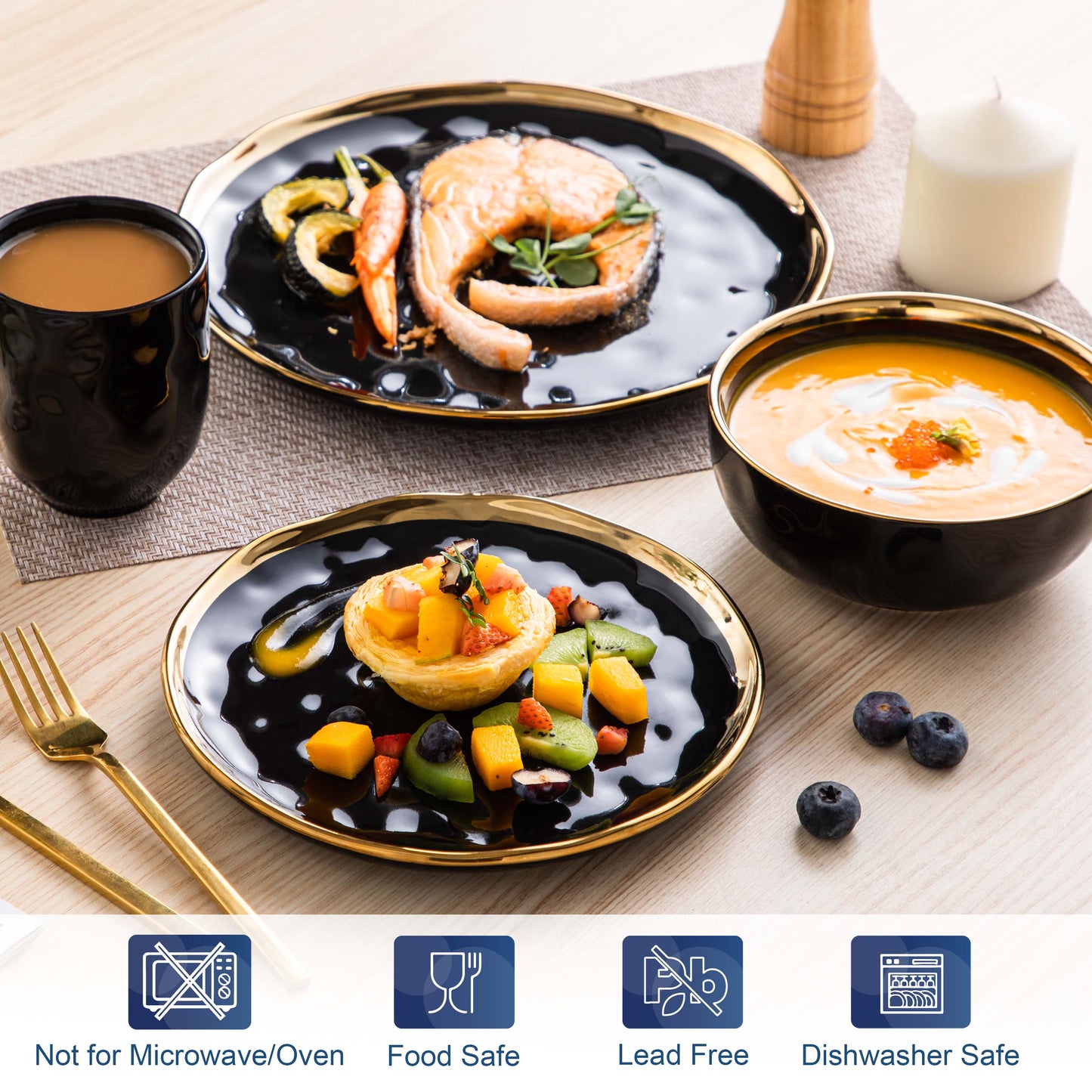 LOVECASA 16/32 Piece Black Porcelain Dinnerware Set with Gold Trim Dessert Plate image 2