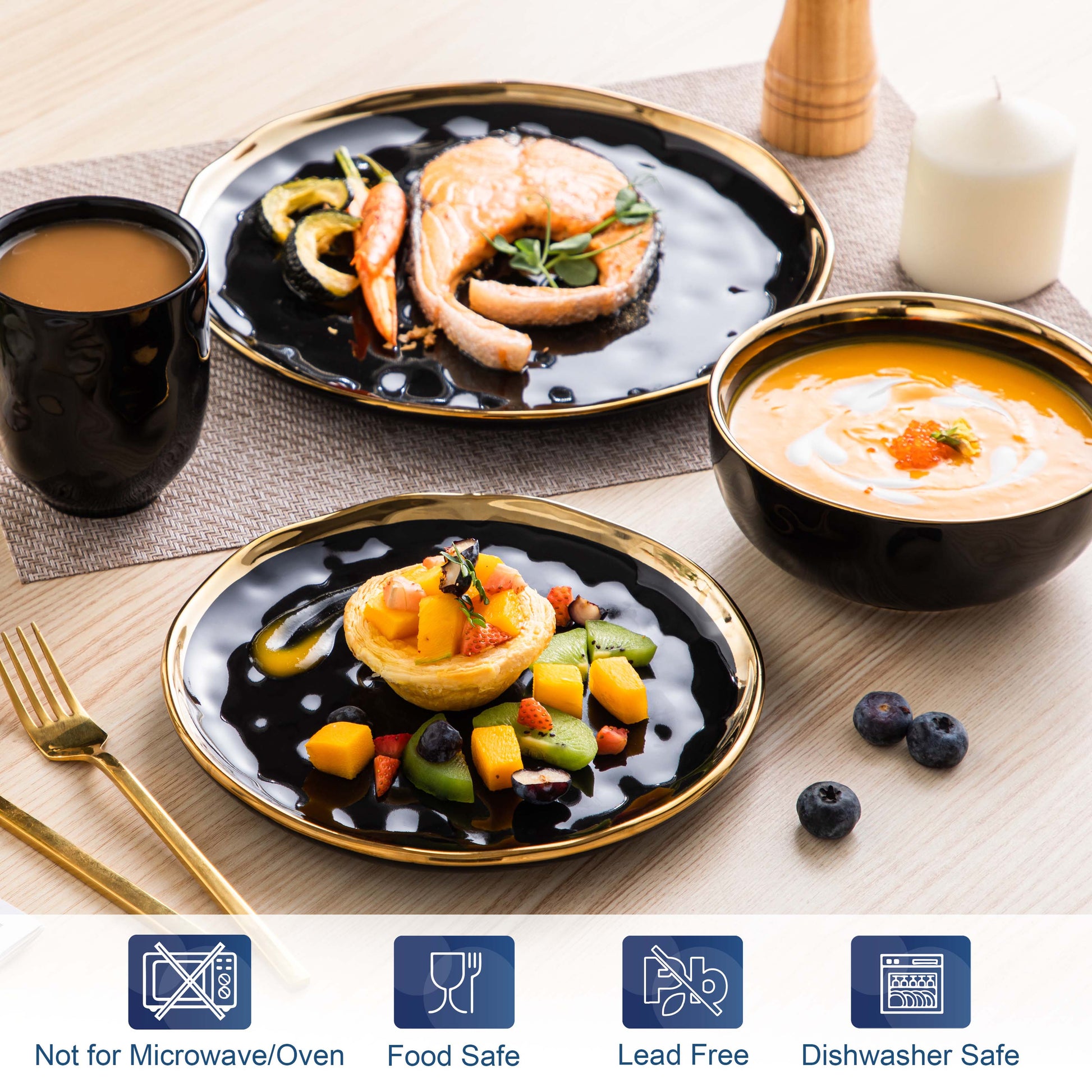 LOVECASA 16/32 Piece Black Porcelain Dinnerware Set with Gold Trim Dessert Plate image 2