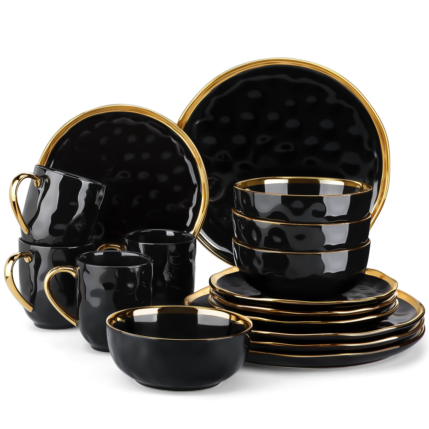 LOVECASA 16/32 Piece Black Porcelain Dinnerware Set with Gold Trim Dessert Plate image 6